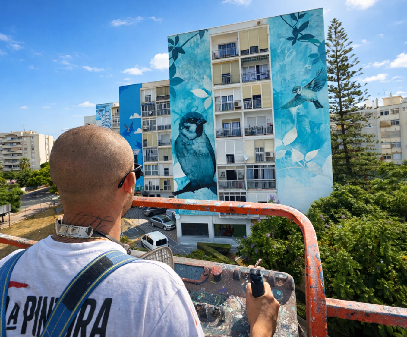 Mural Go Gorriones de gran formato en un edificio de Estepona