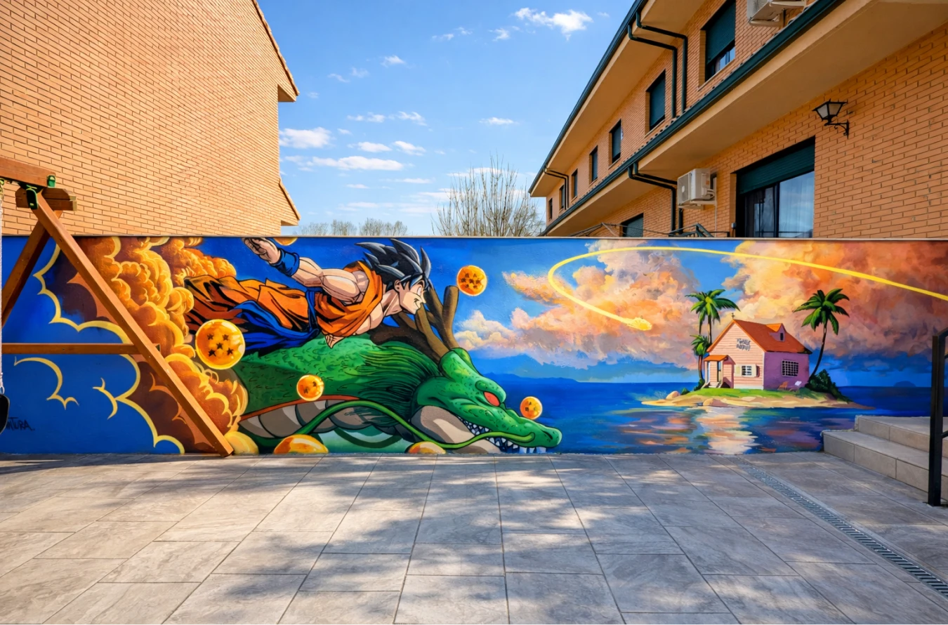 Mural Dragon Ball con Goku y Shenron realizado en Alcobendas Madrid